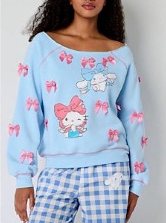 Hybrid Apparel Tops - Cinnamorol Bow Embelished Off The Shoulder Round Neck Long Sleeve -Large